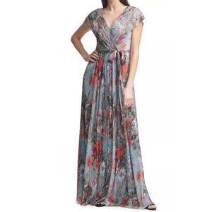 Eliza J Metallic Floral‎ Drape Shoulder Gown
